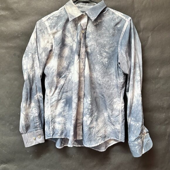 Lands End Tie Dye Gray Shirt Button Down Office Size 10 Petite Cotton Blend Top - Picture 1 of 5